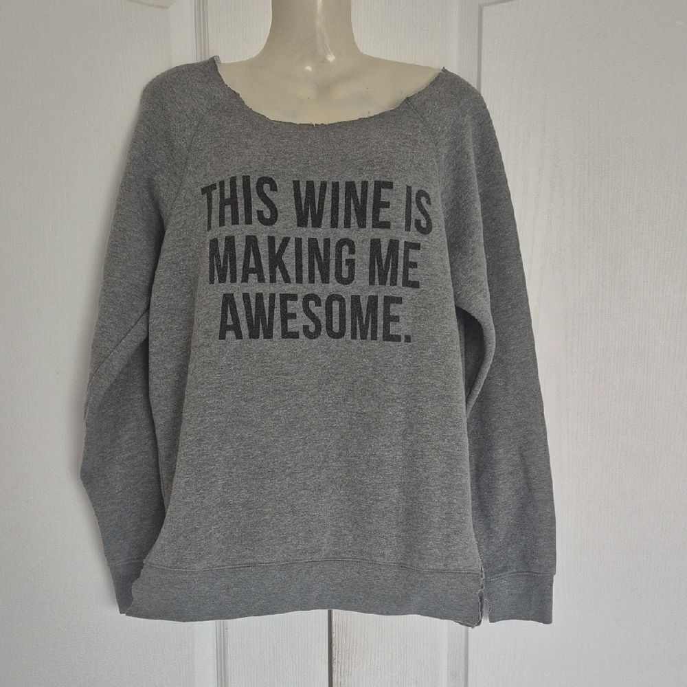 Brunette The Label Distressed Long Sleeves Gray Wine Quote Sweater